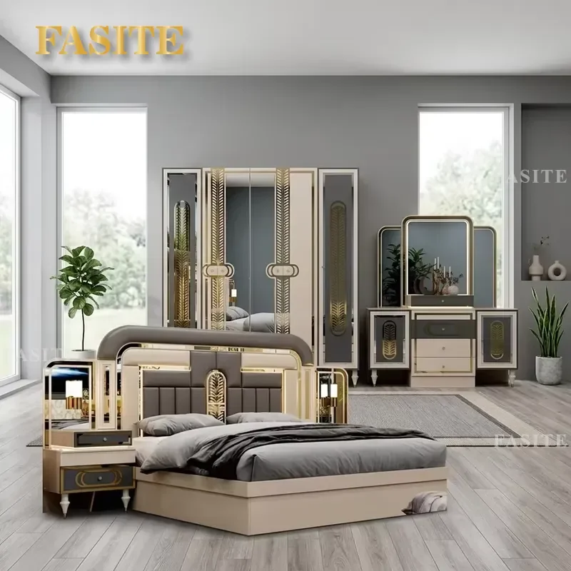 For King Size Bed Modern Deluxe Wooden Bedroom Set   Wardrobe Dresser Laminated Headboard for Family Villa Hotel