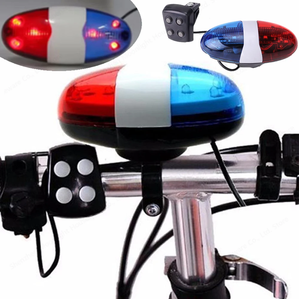 Bicycle Siren 4 Sounds Melody Bicycle Power Horn Siren Bell 6-LED Strobe Blue and Red Bicycle Safety Light for Kids Bike