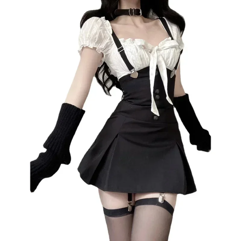 2025 夏黒ボディコン 2 ピースミニドレス女性セット韓国のファッションシックな Y2k ホワイトスラッシュネッククロップトップハイウエストスカートスーツ