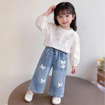 Girls Butterfly Wide-Leg Denim Pants 2 Spring and Autumn Washed Soft Denim Baby Girl Straight Wide-Leg Pants Diamond in the Debris Butterfly Loose Long Pants 2