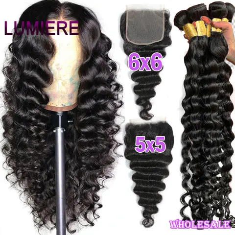 38-40 Zoll Loose Deep Wave Echthaar-Bündel mit 4x4, 5x5, 6x6 HD Lace Closure, brasilianische Haarverlängerungen mit Closure und Frontal