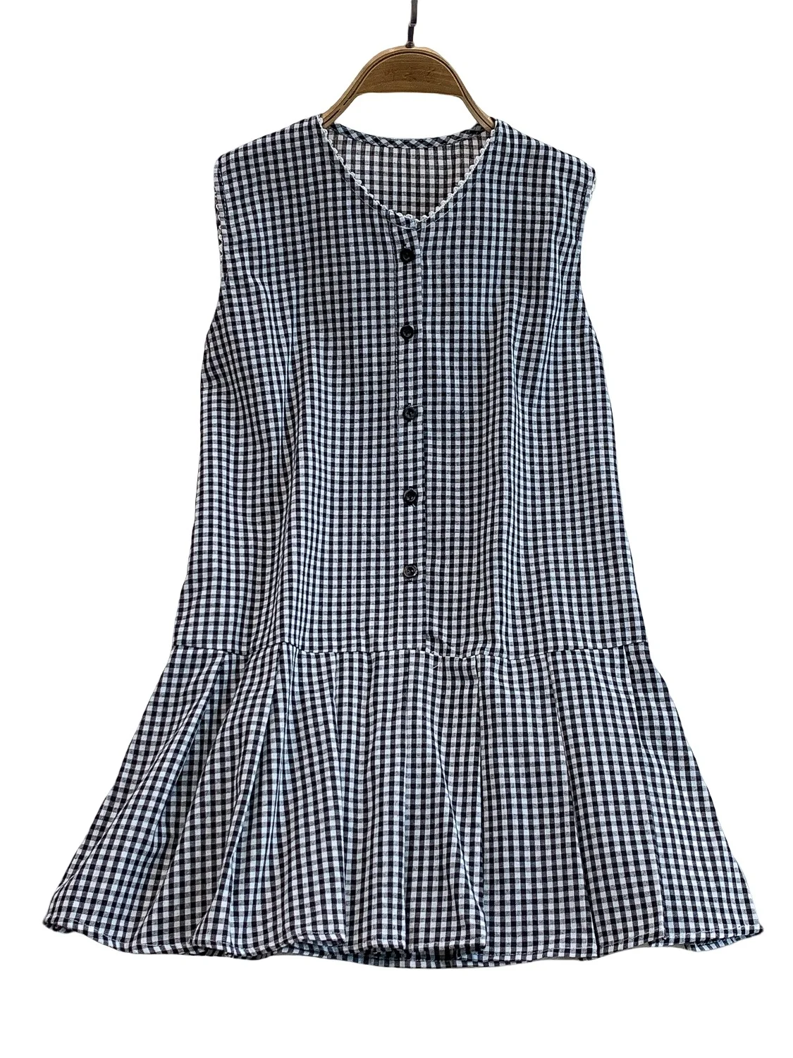 فستان نسائي فضفاض بياقة على شكل V بدون أكمام مع حواف دانتيل وخصر مرتفع وتنورة متوسطة الطول بزر واحد ونقشة مربعات مناسب للعمل ... #5