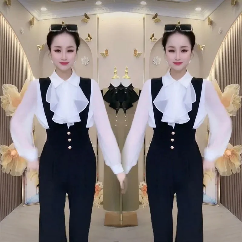 2024 Autumn New High-End Fashion Suspender Pants Set XXXL Lotus Collar Long Sleeved Shirt Slimming overalls Two-Piece Set Trendy