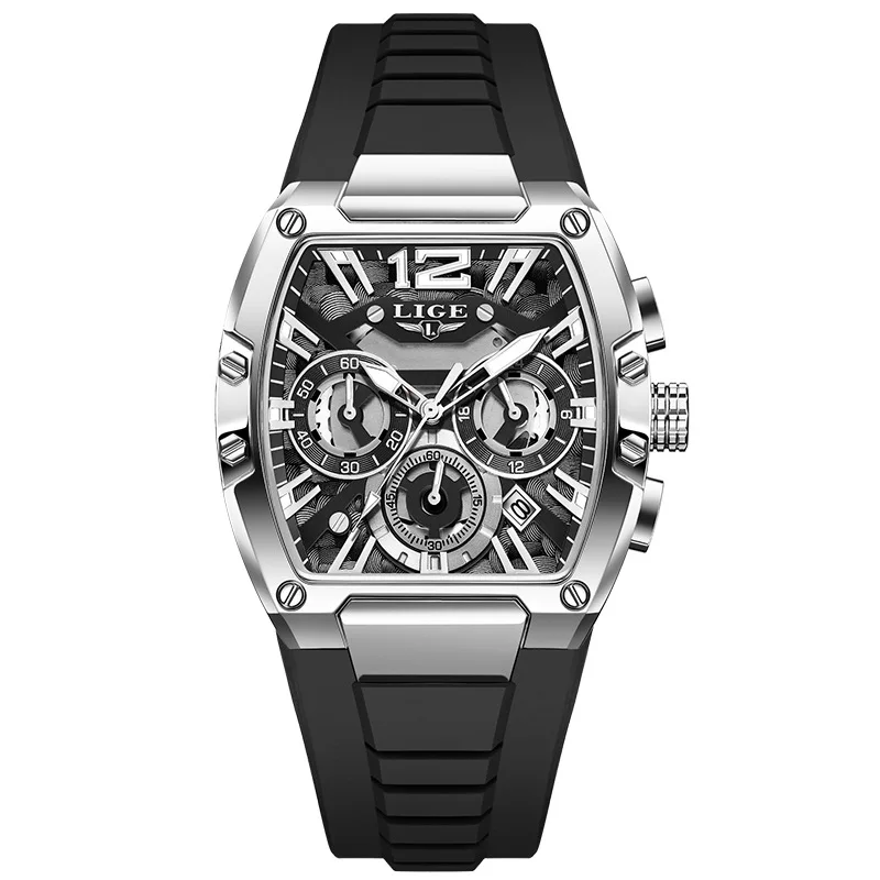 Tonneau Sport Waterproof Luminous Calendar Chronograph Quartz Watch for Men with Silicone Strap Wristwatch