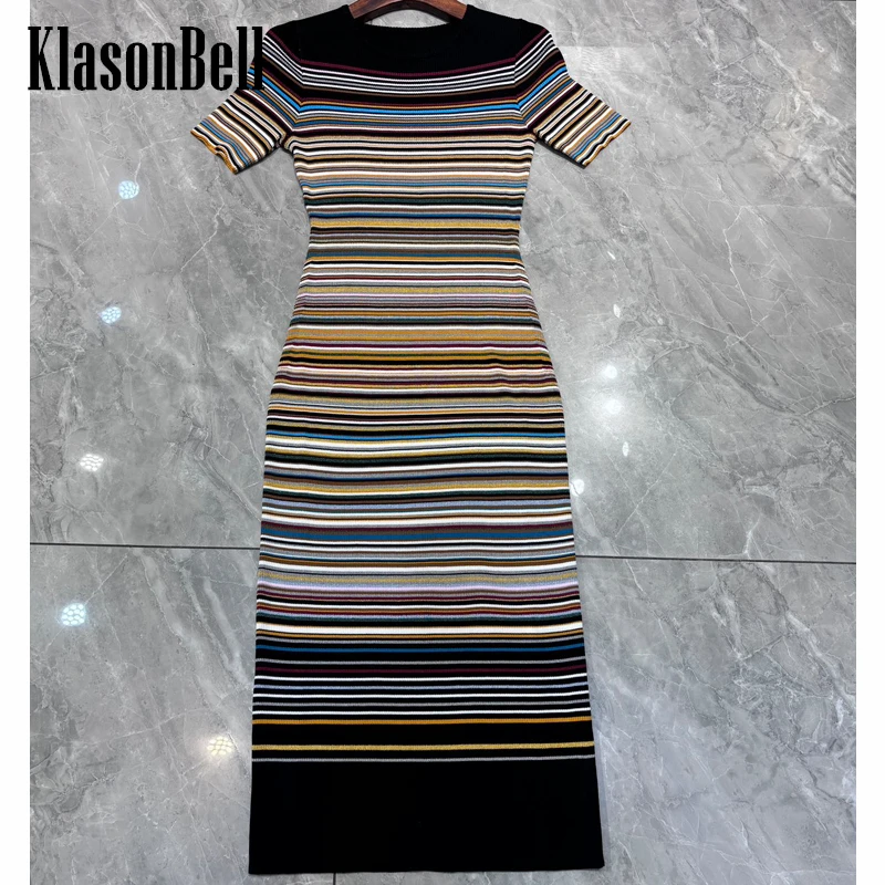 

5.8 KlasonBell New Arrival Fashion Elegant Striped Knit Slim Dress For Women O-Neck Short Sleeve Mid-Length Dress