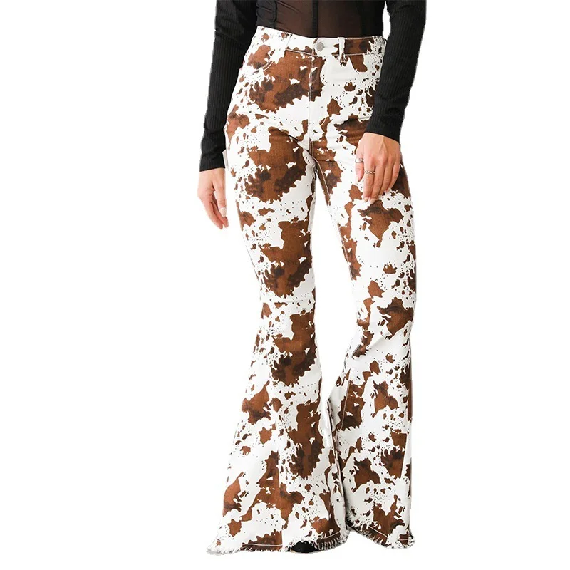 JY Autumn 2024 New Women\'s Jeans White Bottom Printed Brown High Waist Non Elastic Bellbottom Pants Elegant and Fashionable