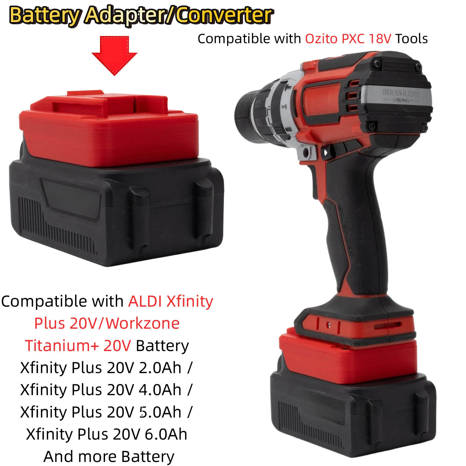 Battery Adapter/Converter for ALDI Xfinity Plus 20V/Workzone Titanium+ 20V Battery TO Ozito PXC 18V Cordless Drill Impact Wrench