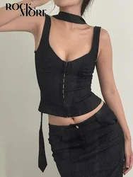 Rockmore Coquette Sexy Milkmaid Crop Top with Ribbon Scarf Y2K Aesthetic Single-breasted Bodycon Camisole Women Retro Streetwear