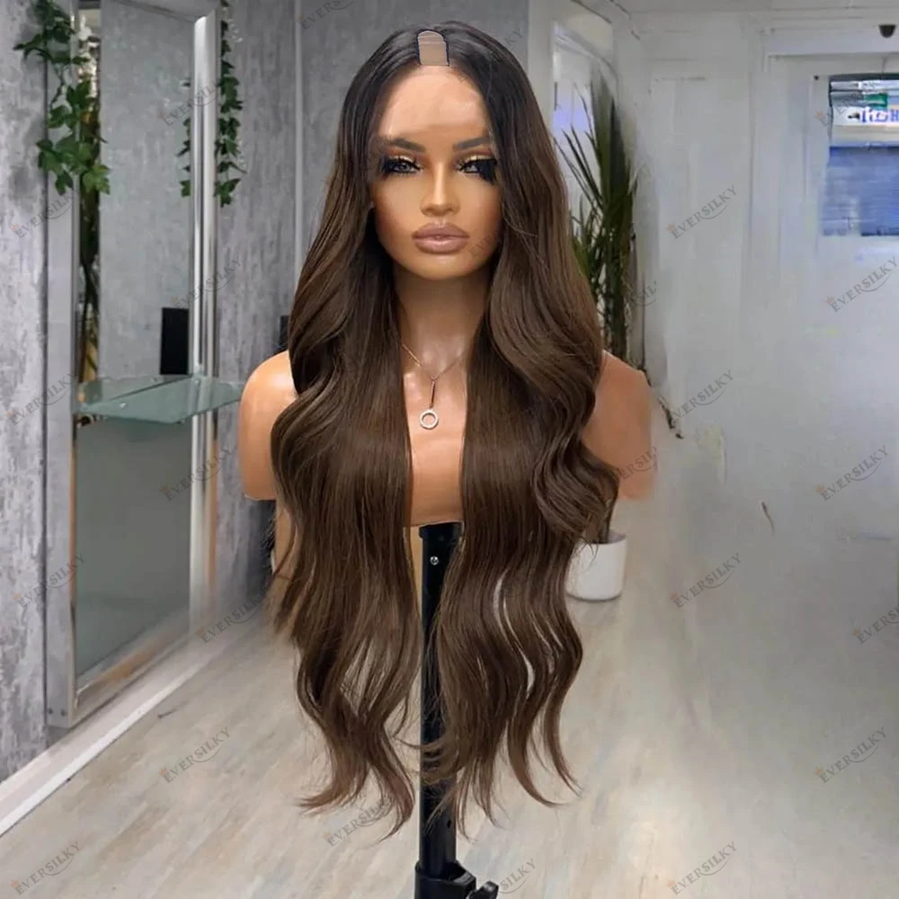 

Glueless Natural Wavy Long Ombre Cool Brown Human Hair V Part Wig for Women UP to 30Inches 100% Human Hair U Part Wig Remy India