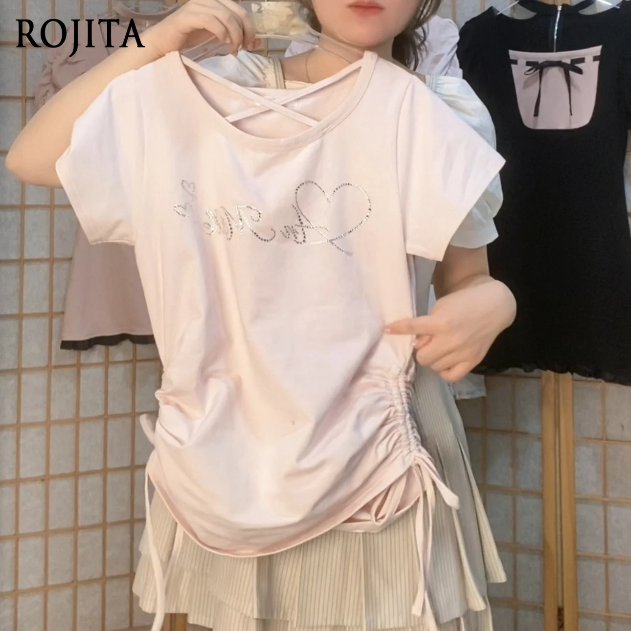 Japanese Sweet Rhinestone Drawstring Slim Fit Crew Neck Short Sleeved White T Shirt Short Tops 2026 Summer Lolita Tshirt Women