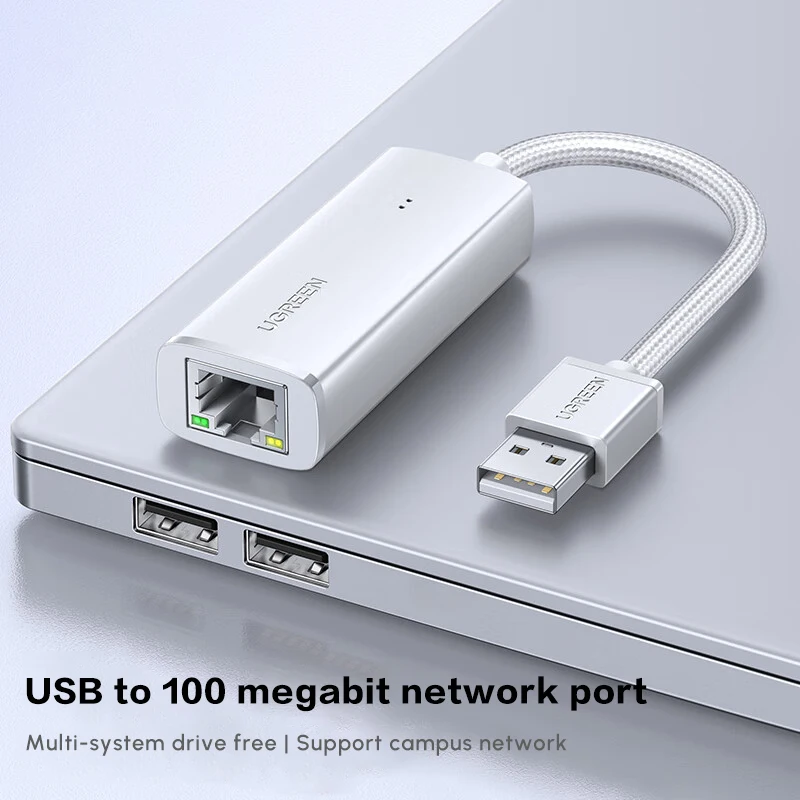UGREEN USB2.0-이더넷 어댑터, 100Mbps 네트워크 어댑터 ABS 쉘, 노트북 PC용 RJ45 유선 LAN 인터넷 어댑터