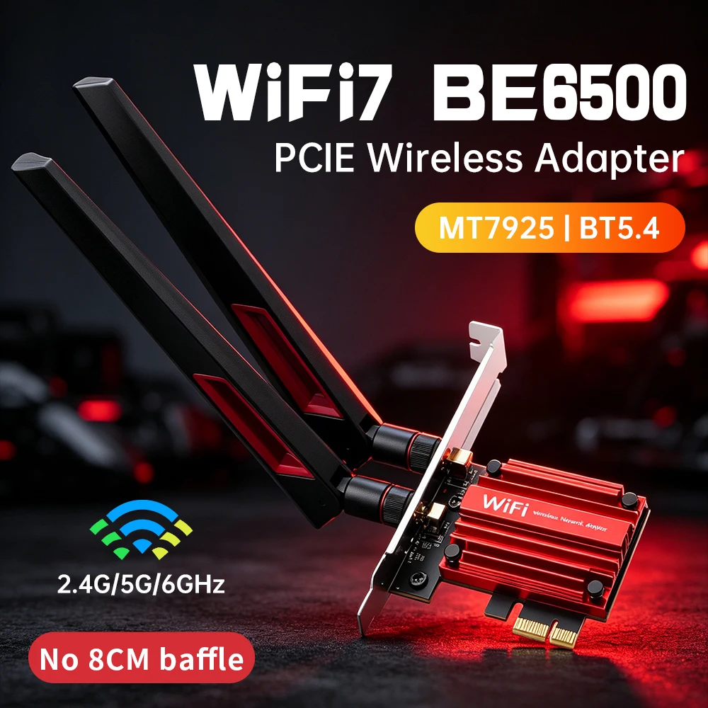 WiFi 7 BE6500 MT7925 PCI-E Wireless Adapter BT 5.4 Tri Band 2.4G/5Ghz/6Ghz 802.11BE High Gain Antenna For Desktop PC Win 10/11