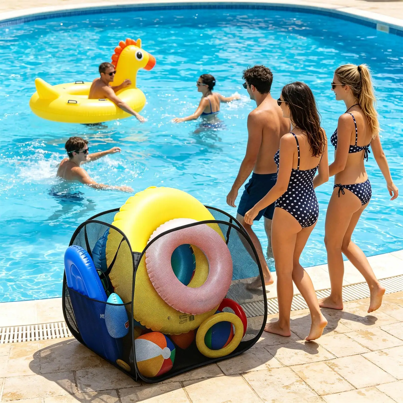 

Pool Deck Toy Basket Large Capacity With Side Handles Swimming Accessories Pool Organizer For Beach Balls Towels Inflatable Ring