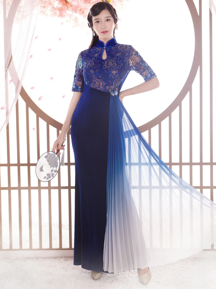

Ele Long Velvet Qipao Young Sle Dance Costume ow Stopper Jiangnan Spring New 2025 Retro plus Size Polyurethane Polyester