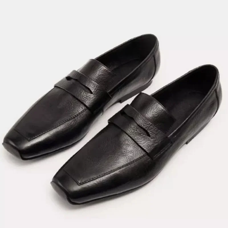 Small Square-toe Leather Shoes For Men Korean Style Cowhide Leather Business Loafers Men Slip-on Dress Shoes Flats Lazy Shoes