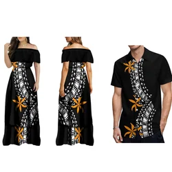 Conjunto de verano de pareja de islas polinesianas, estampado artístico personalizado, vestido con hombros descubiertos para mujer, falda Maxi, camisa para hombre, Top de playa elegante