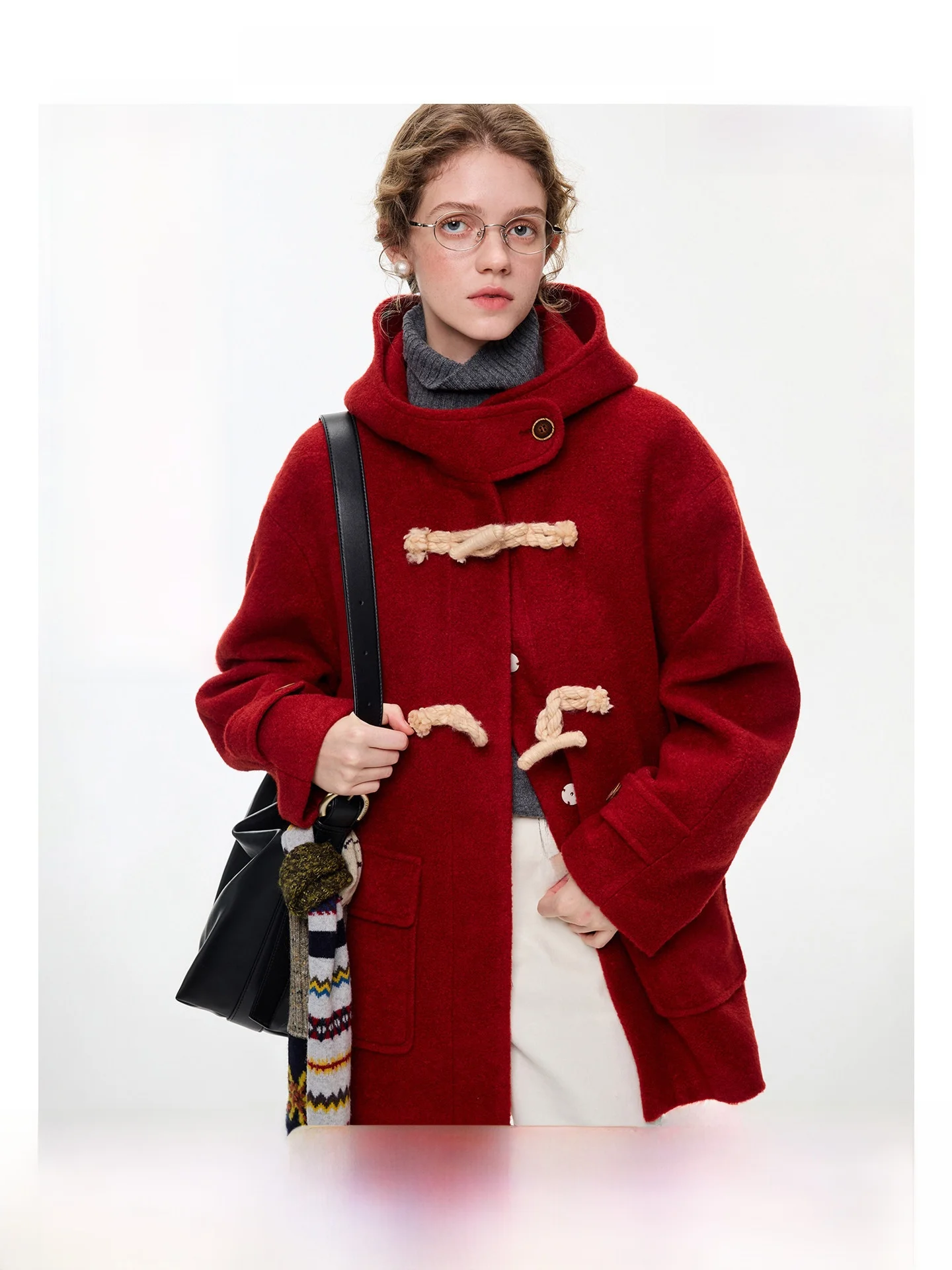 

Retro Red VEGA CHANG Cisas Robe Coat 2025 Button Circle Red Woolen Jaet Korean Sle Straight Cut Long Sve Warmth
