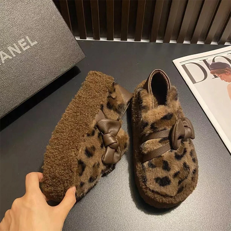 

Platform Fur Leopard Print Snow Ankle Boots Winter Casual Plush Thick Bow Round-toe Cotton Shoes Warm Walking Mujer Zapatillas