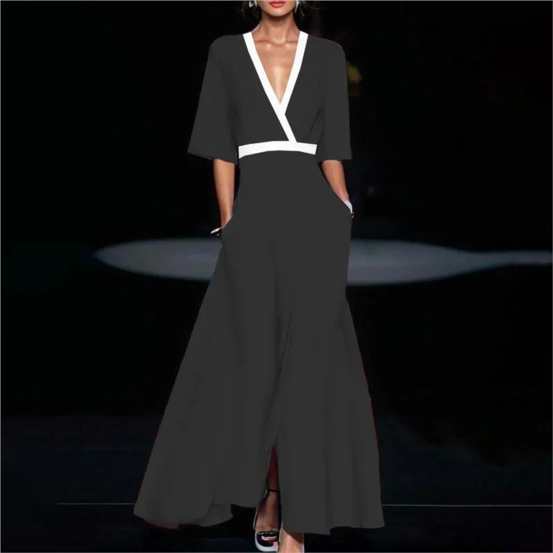 Moda donna 2024 Primavera scollo a V con cintura abito lungo da festa stampa sexy A-Line Boho abito estivo manica corta tasca maxi abiti