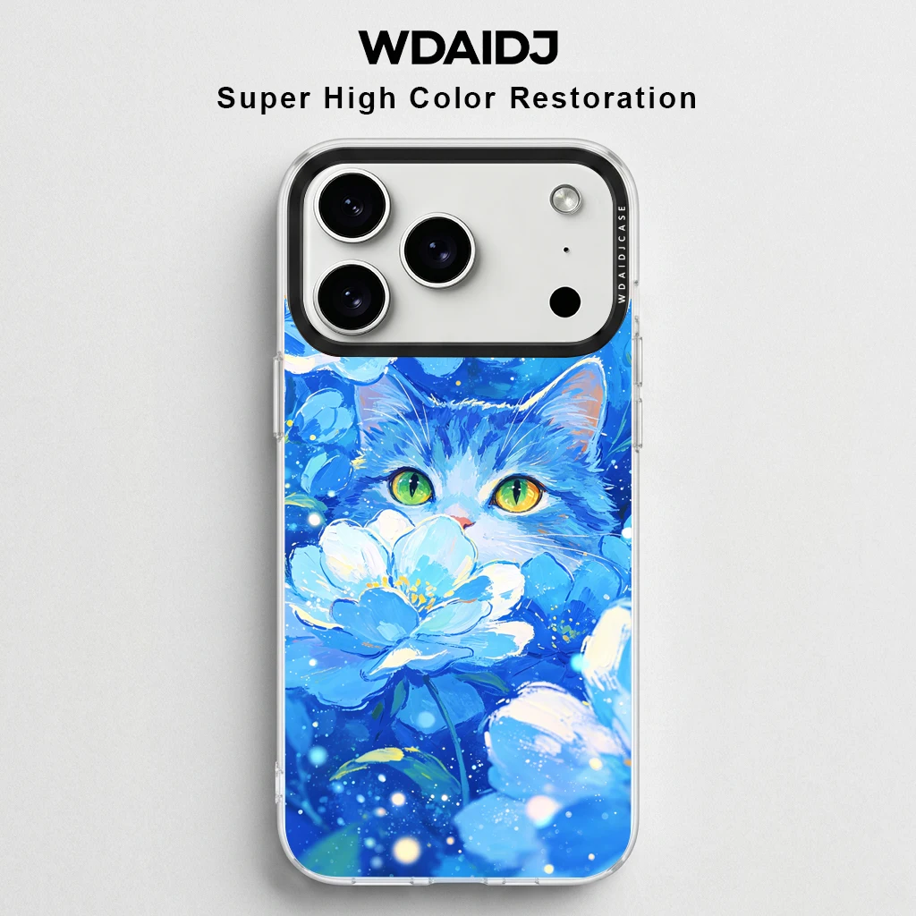 

Blue Flower Cat Print Clear Phone Case for iPhone 13 14 15 16 17 Pro Max Cute Floral Pattern Transparent Anti-Yellow Cover