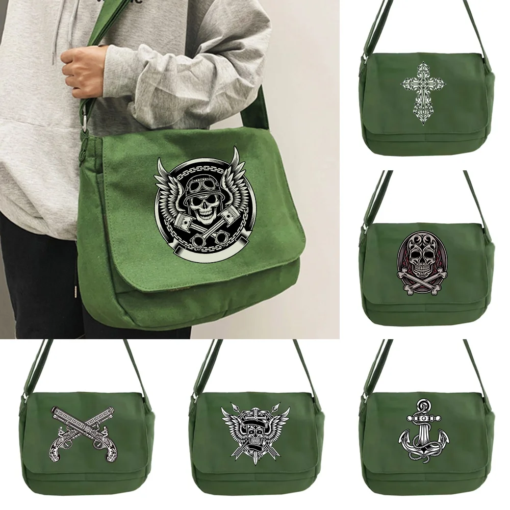 Messenger Bag Green Casual Handbags Versatile Flip Large Capacity Book Pack Teenager Shoulder Messenger Bags Skull Series