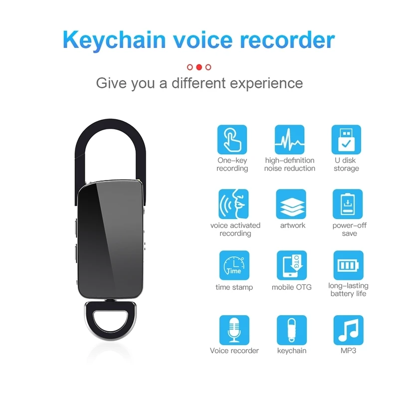 128GB Mini Keychain Voice Recorder Sound Activated Audio Recorder with Noise Reduction MP3 Player Portable Dictaphone 4GB-128GB