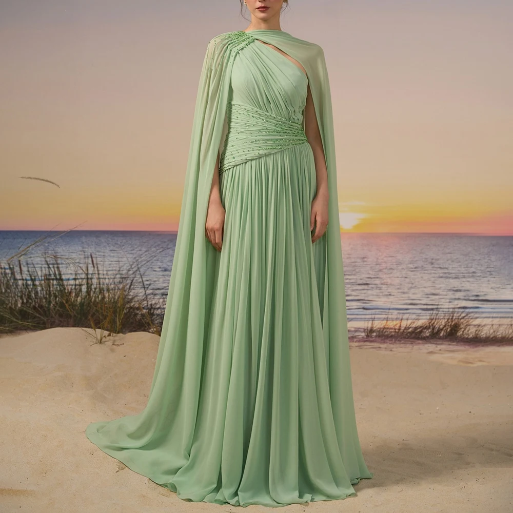 Op maat gemaakte charmante chiffon geplooide gelaagde avondjurk met één schouder Jersey A-lijn backless maxi kralen Saoedi-Arabische jurk