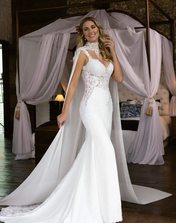 Elegant Mermaid Wedding Dresses With Detachable Wraps Lace Applique Backless Sweep Train Married Dress Hollow Out Bridal Gowns