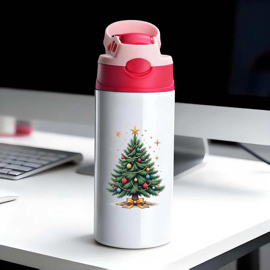 

304 stainless steel thermal cup cartoon Christmas tree pattern childrens straw cup Christmas gift version keeps hot and