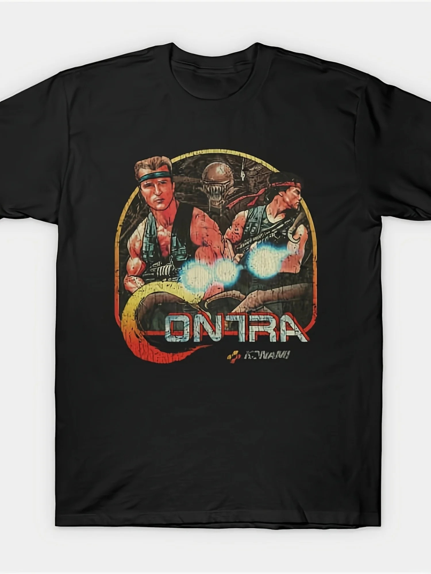 Men's Contra 1987 Pattern T-shirt Casual Short Sleeved Top Retro Video Game Print, Gamer T-shirt
