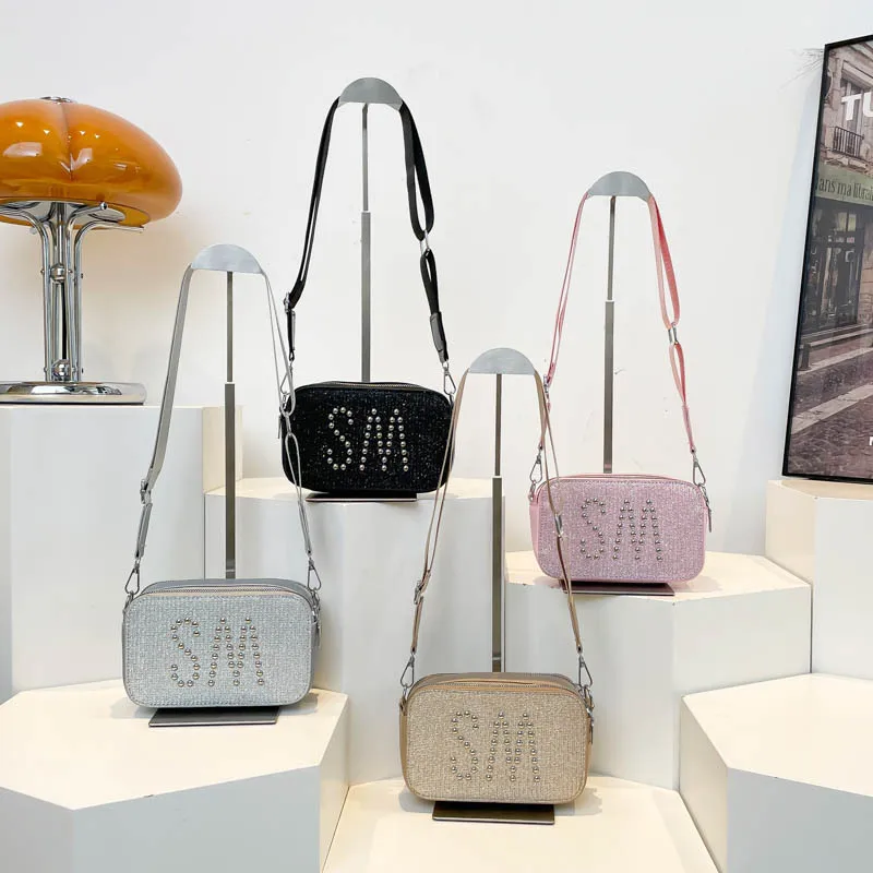 

​​2025 Stylish Camera Shoulder Bag for Women Wide Strap Crossbody Purse Glitter Letter Square Bag Fashion Casual​
