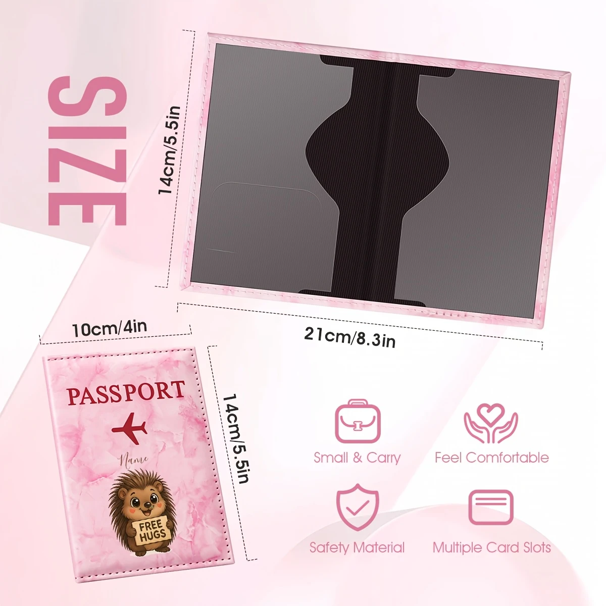 Custom Name/Initials/Hedgehog Design PU Passport Holder - Cute Free Hugs Slogan & Suitable for Travel, Suitable for Travelers