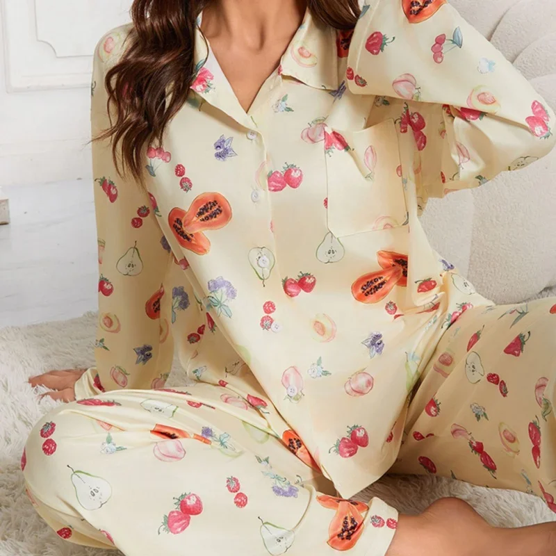 Women Spring Autumn Two Pieces Pajamas Set Long Sleeve Pants Cardigan V-Neck Thin Loose Homewear With Cartoon Cute Painting