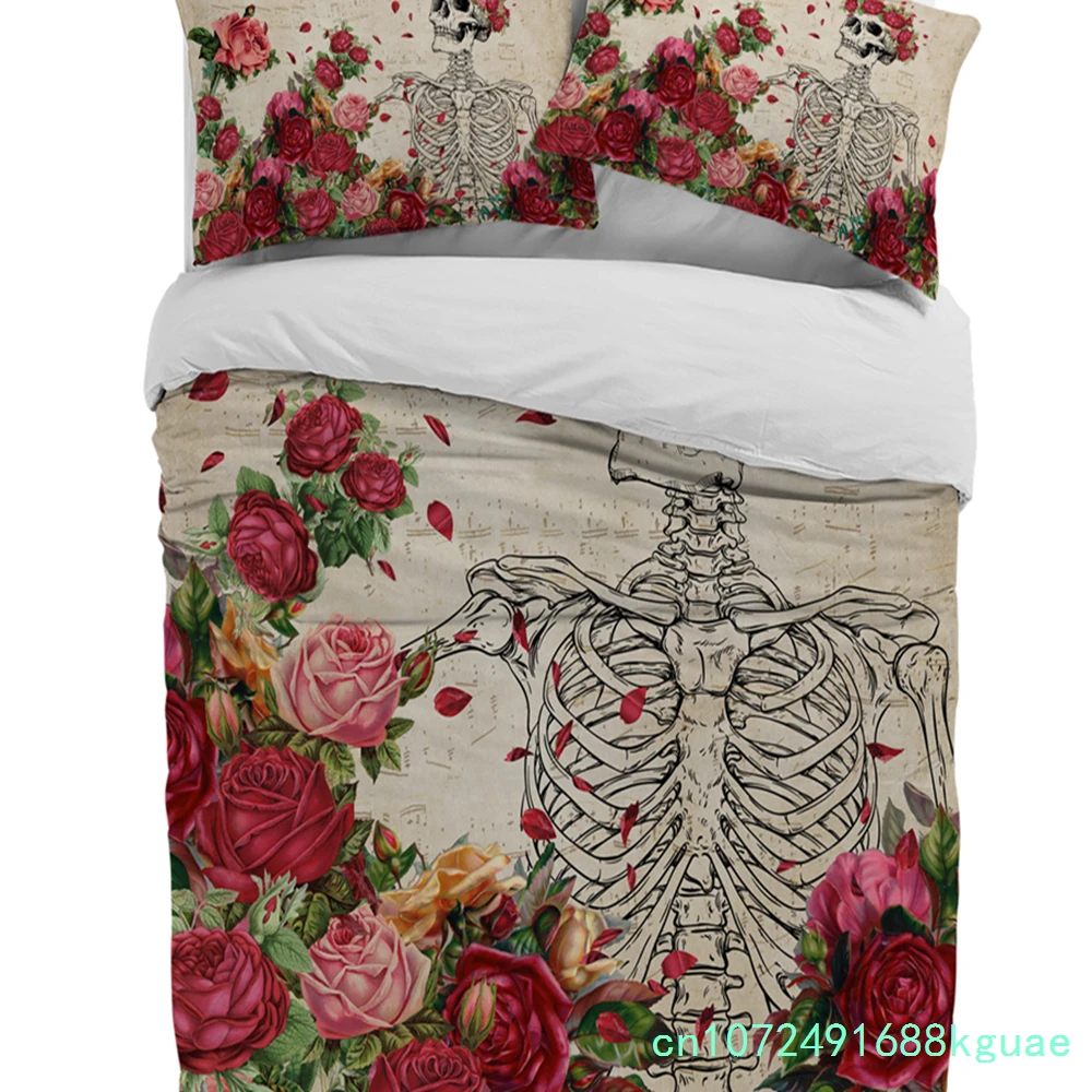 Skull Rose Flower Retro Duvet Cover With Pillow Case Custom 3pcs Bedding Set Quilt Cover Double Bed Home Textile