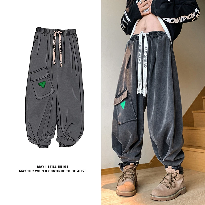 

Retro Washed American Vintage Work Pants Men's Wide Leg Jeans Spring Autumn High Street Cool Style Polyester Fiber 100%