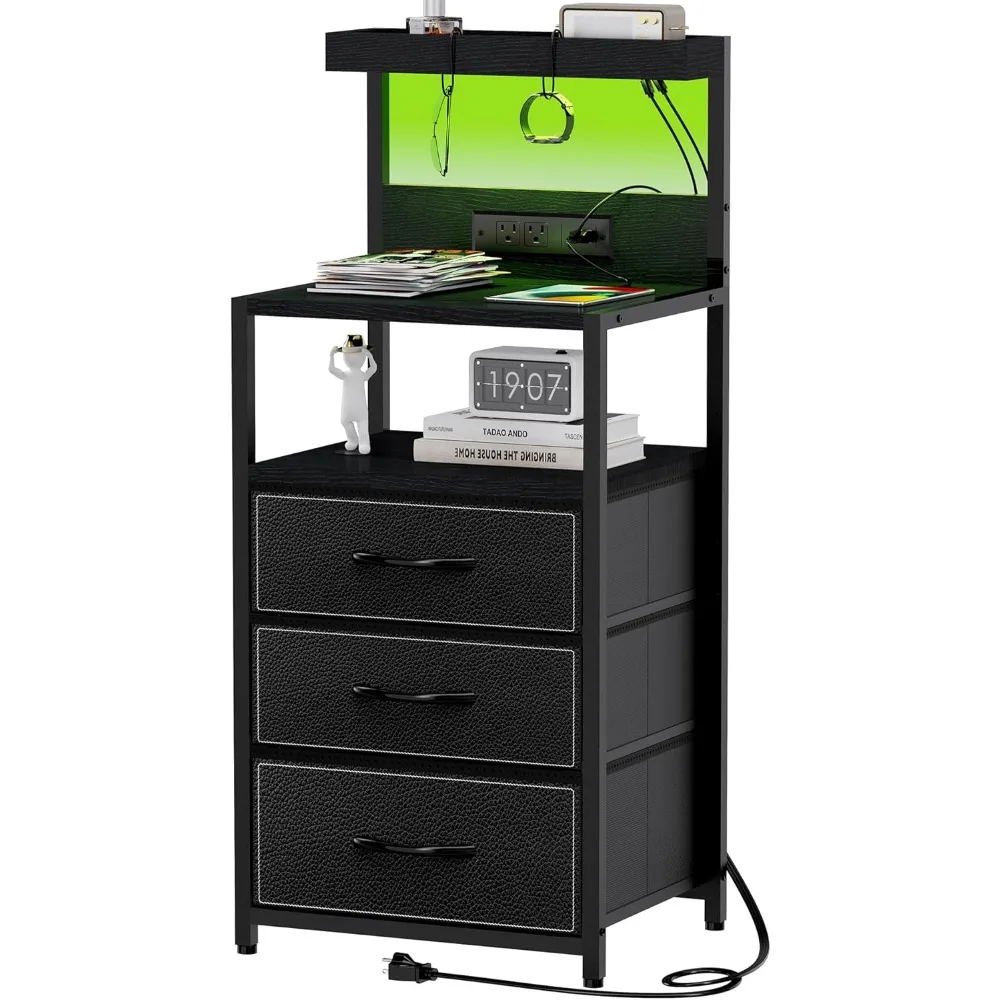 

LED Nighstand with Charging Station, Dresser Nightstand with 3 Drawers and LED Lights, Storage Side Table with 3 Shelf and Hooks