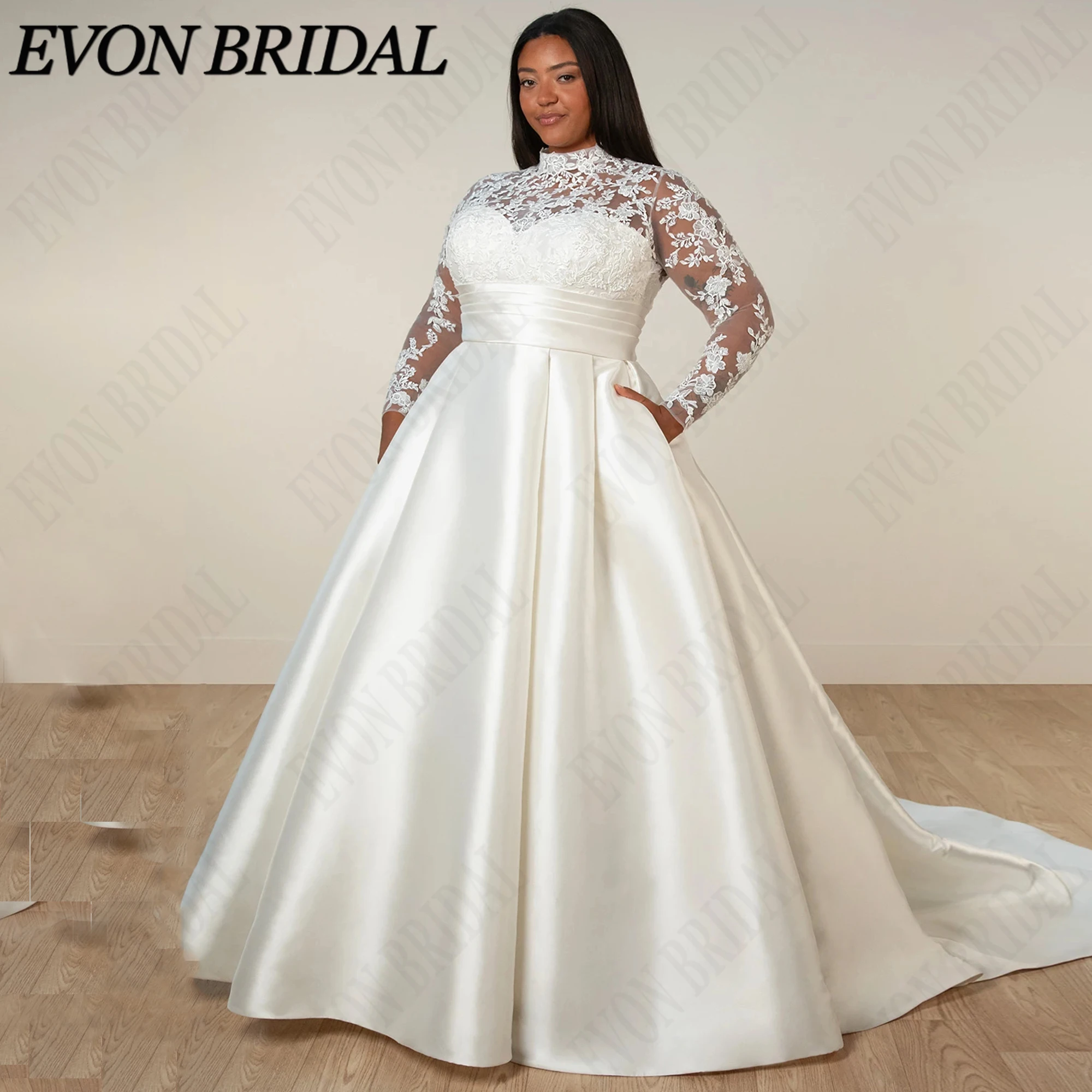 EVON BRIDAL Customized High Neck Long Sleeve Wedding Dress Plus Size Sequined Lace Appliques Bride Dresses Satin Bridal Gown