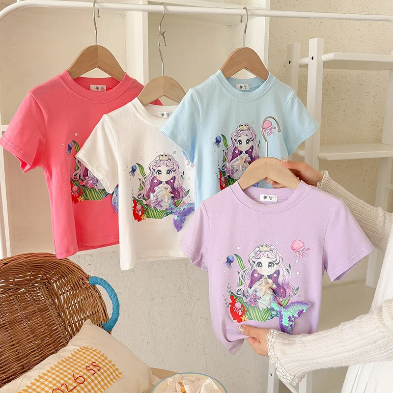 2-10T Mermaid Girls T Shirt Toddler Kid Baby Girl Clothes Summer Short Sleeve Tee Top Infant Cute Sweet Tshirt Outfit