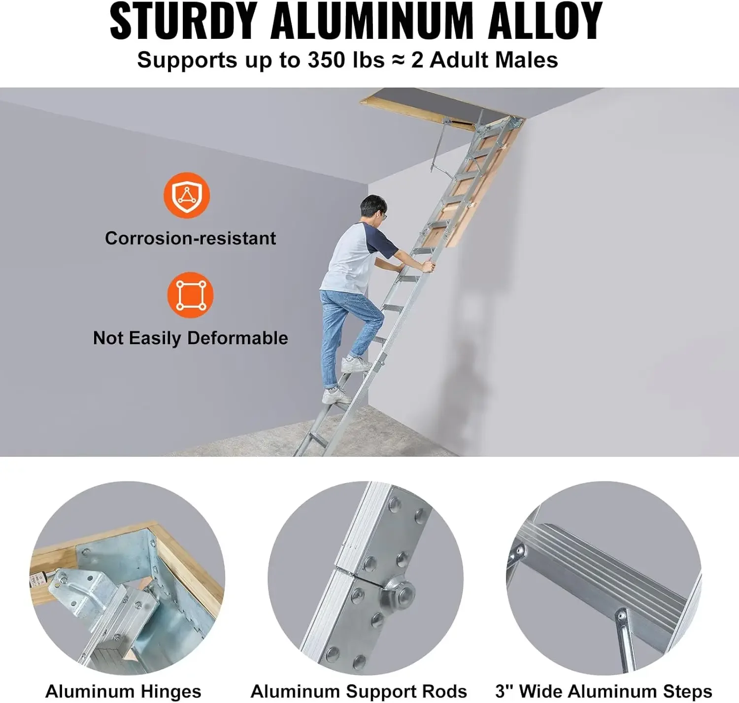 Attic Ladder Foldable, 350-pound Capacity, 22.5" x 63", Multi-Purpose Aluminium Extension, Lightweight and Portable