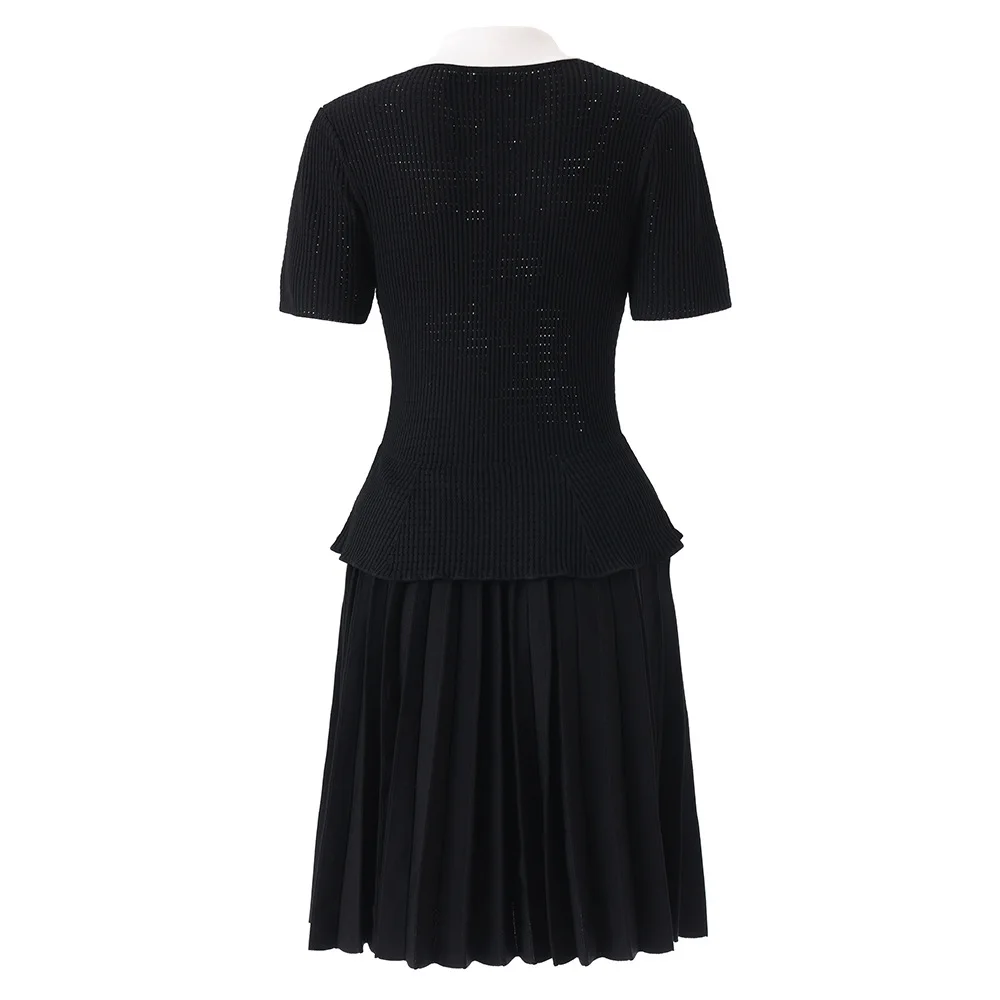 Micosoni High-quality Color Matching Lapel Diamond Buckle Light Luxury Fake Slim-fit Knitted Dresses for Women Black White S-XL