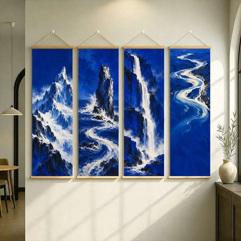 Mountains Waterfall and Winding River Hanging Scroll with Dramatic White and Blue Landscape Imagery for a Living Room