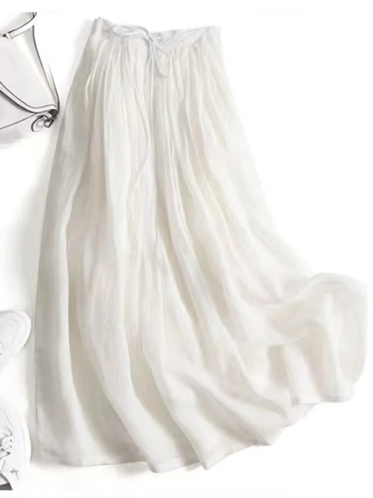 Gonna longuette a trapezio a vita alta, tessuto misto lino, colore, gonna con cintura, gonna lunga, collezione estiva