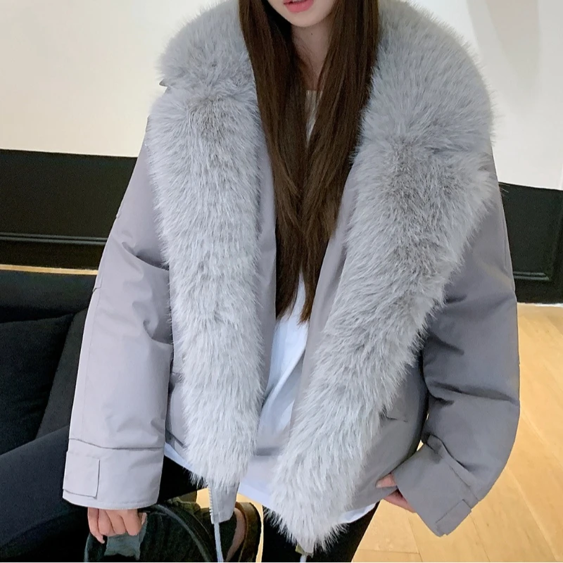 Women's Faux Fur Collar Padded Parka Winter Warm Thick Loose Fit Streetwear Coat Trendy Cozy Soft Elegant Female Outerwear Coats