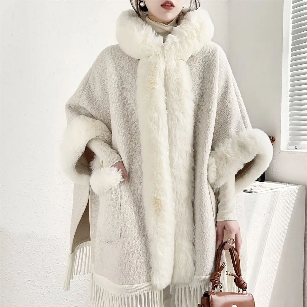 Japanese Korean Cloak Winter Women Faux Fur Loose Poncho Cape Thick Warm Granular Velvet Oversize Cloak Streetwear Coat With Hat