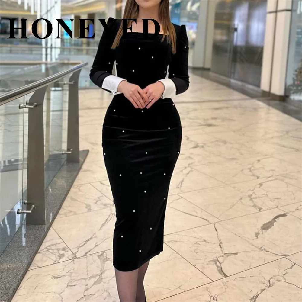 

HONEYED Square Neck Daily Velvet Beads Tea-Length Elegant Evening Dresses Long Sleeves Mermaid Lady Formal Prom Party Gowns