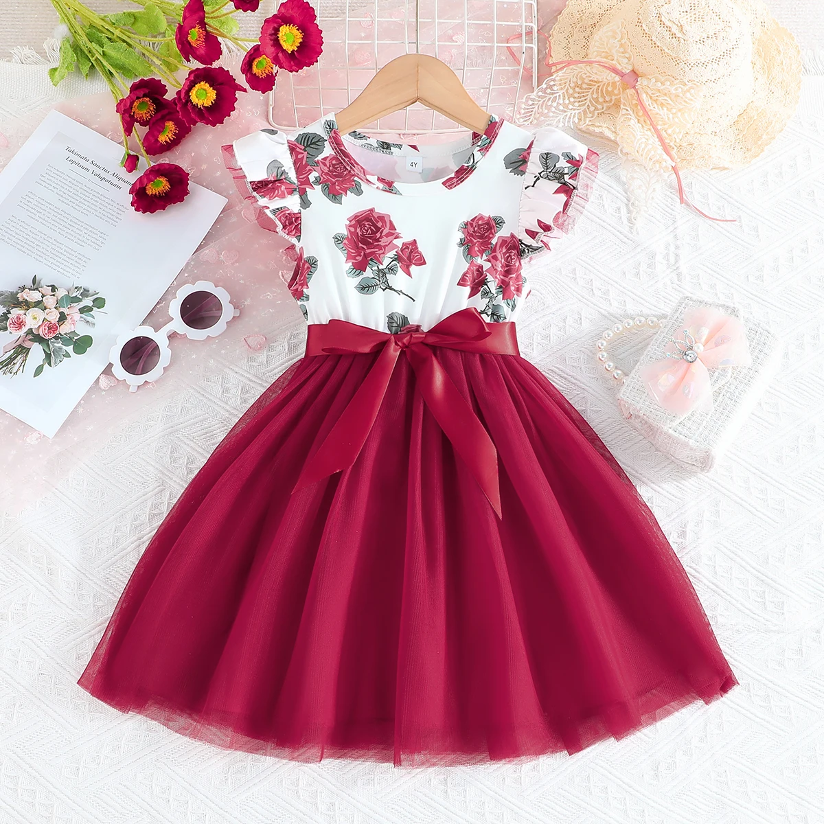 Dress For Kids 4-7 Years old Birthday Ruffled Sleeve Pink Floral Tulle Cute Princess Formal Dresses Ootd For Baby Girl