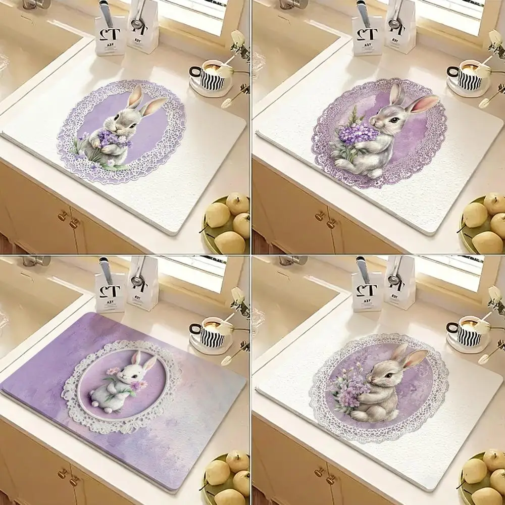 Cute rabbit holding flowers Floor Mat Diatomite Floor Mat Fast Drying Odor Resistant Non Slip Bath Kitchen Mat