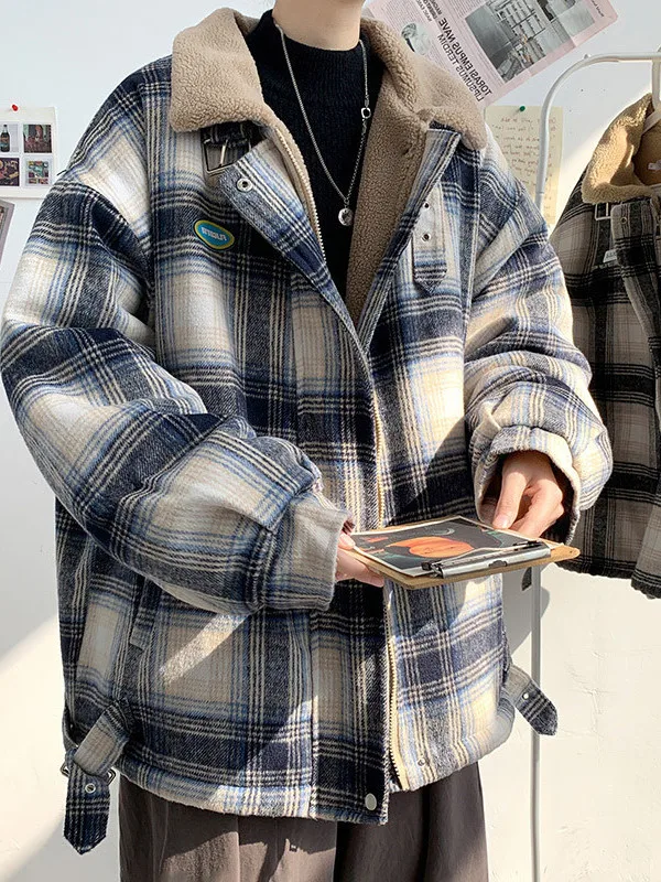 

Men's Winter Thickened Plush Flannel Cotton Jacket Loose Fit Checkered Pattern Warm Stylish Teenage Fashion Brand Outerwear