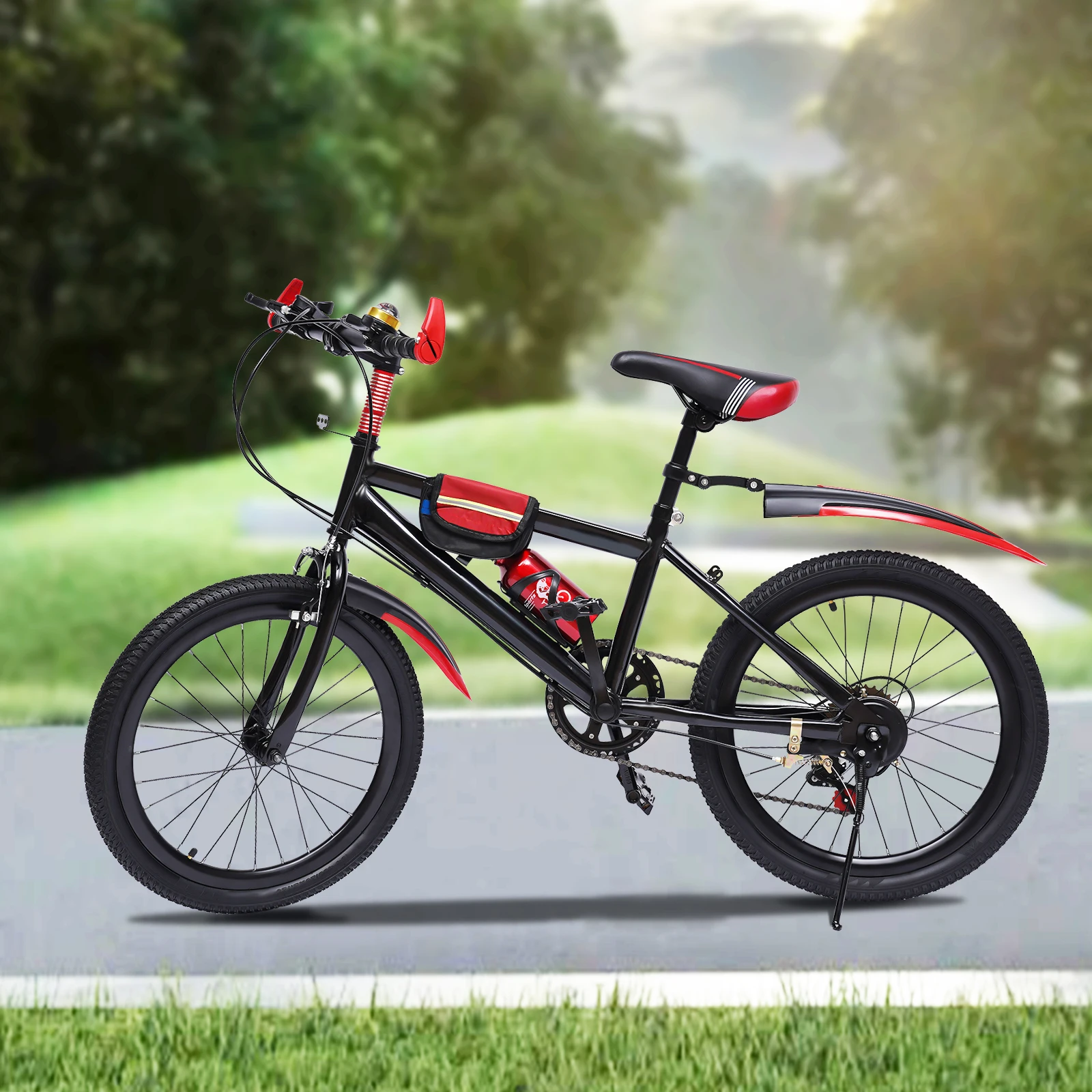 20 Inch Mountain Bike Front and Rear Dual Brake Bicycles with Adjustable Seat Height 7 Speed Shifters Fenders Water BottleCompas