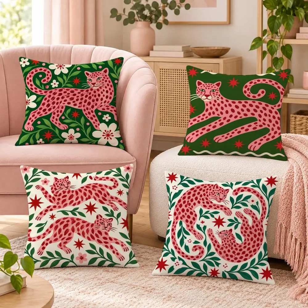 Pink Green Leopard Tiger Cushion Cover Pillow Case Organic Short Plush Cushion Covers Washable Wrinkle-Resistant